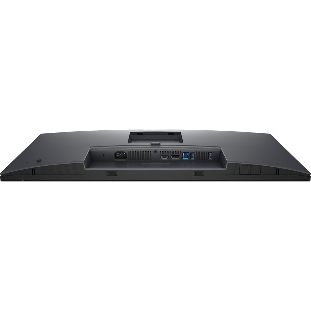 Achterkant van een zwarte monitor met stroom-, HDMI- en USB-poorten.