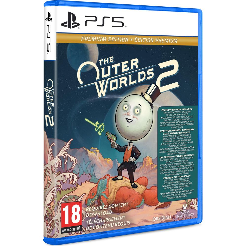 La copertina del gioco 'The Outer Worlds 2 Premium Edition' per PS5 mostra un personaggio su un paesaggio alieno.