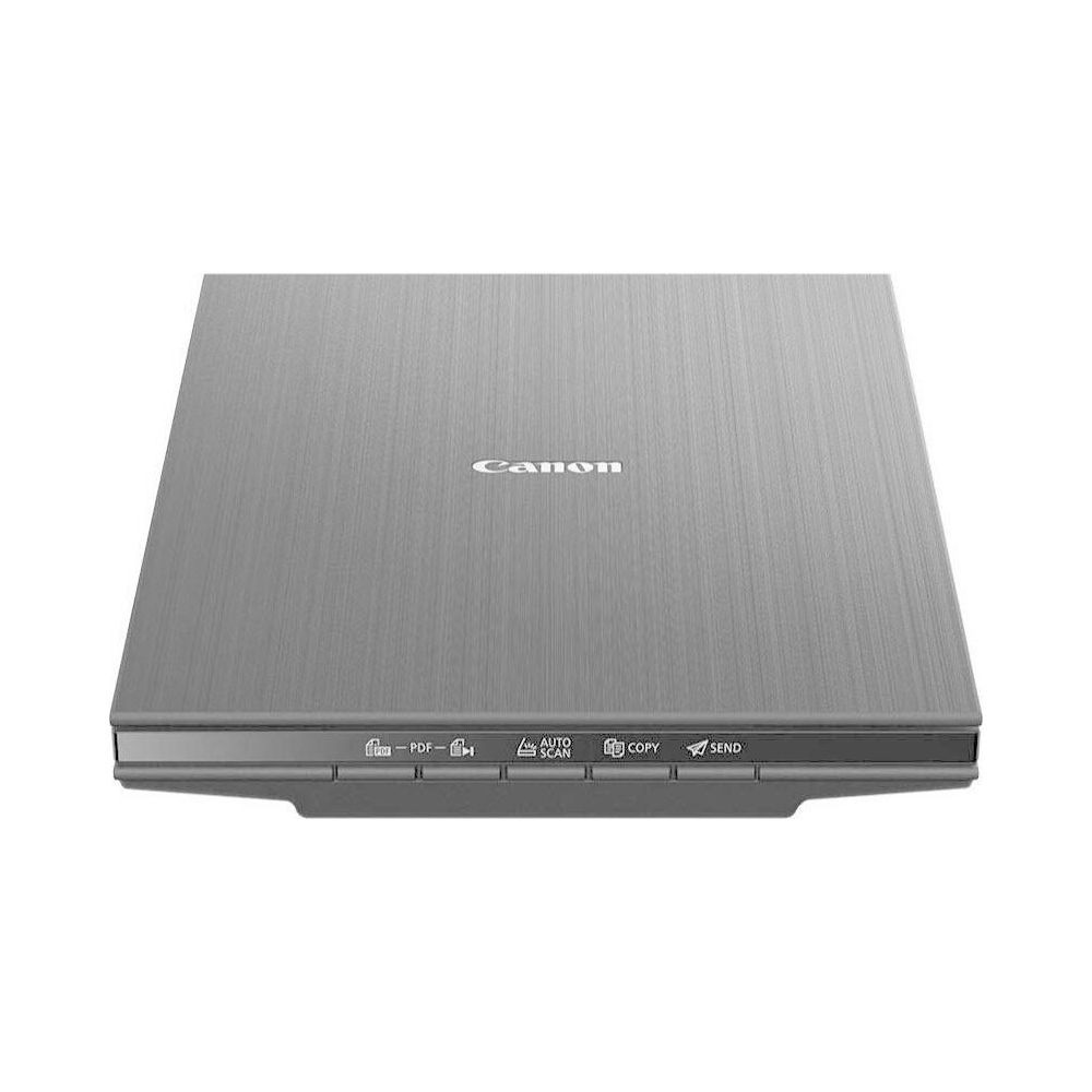 Escáner Canon gris con botones para PDF, Auto Scan, Copiar y Enviar.