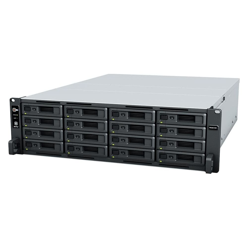 Un appareil de stockage noir en rack avec 12 baies, un dessus blanc et des panneaux avant argentés.