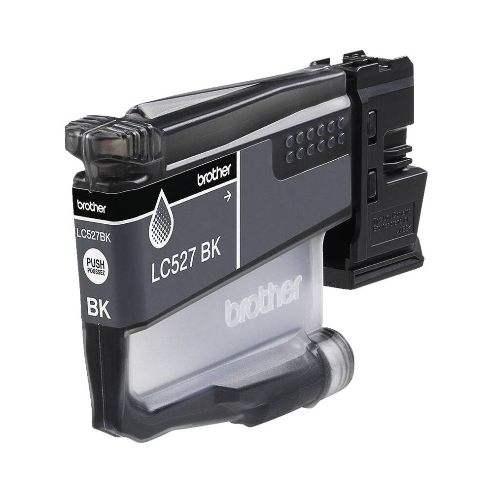 Czarny tusz Brother LC527BK z etykietami i ikoną kropli.