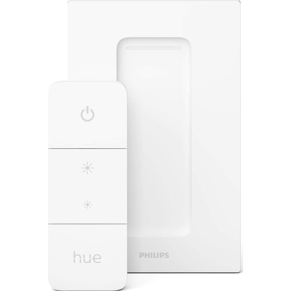 Biały ściemniacz Philips Hue z ikonami zasilania i jasności.