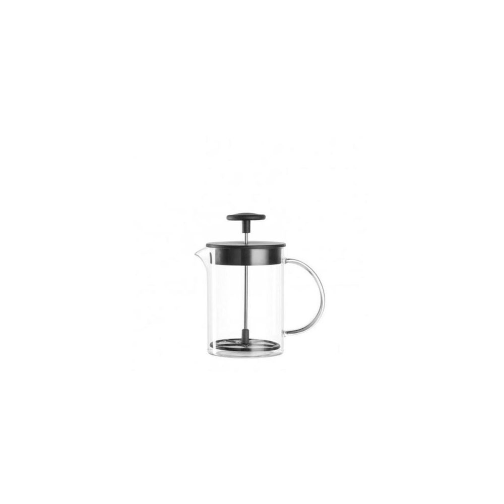 Eine gläserne French Press Kaffeekanne mit schwarzem Deckel und Stößel.