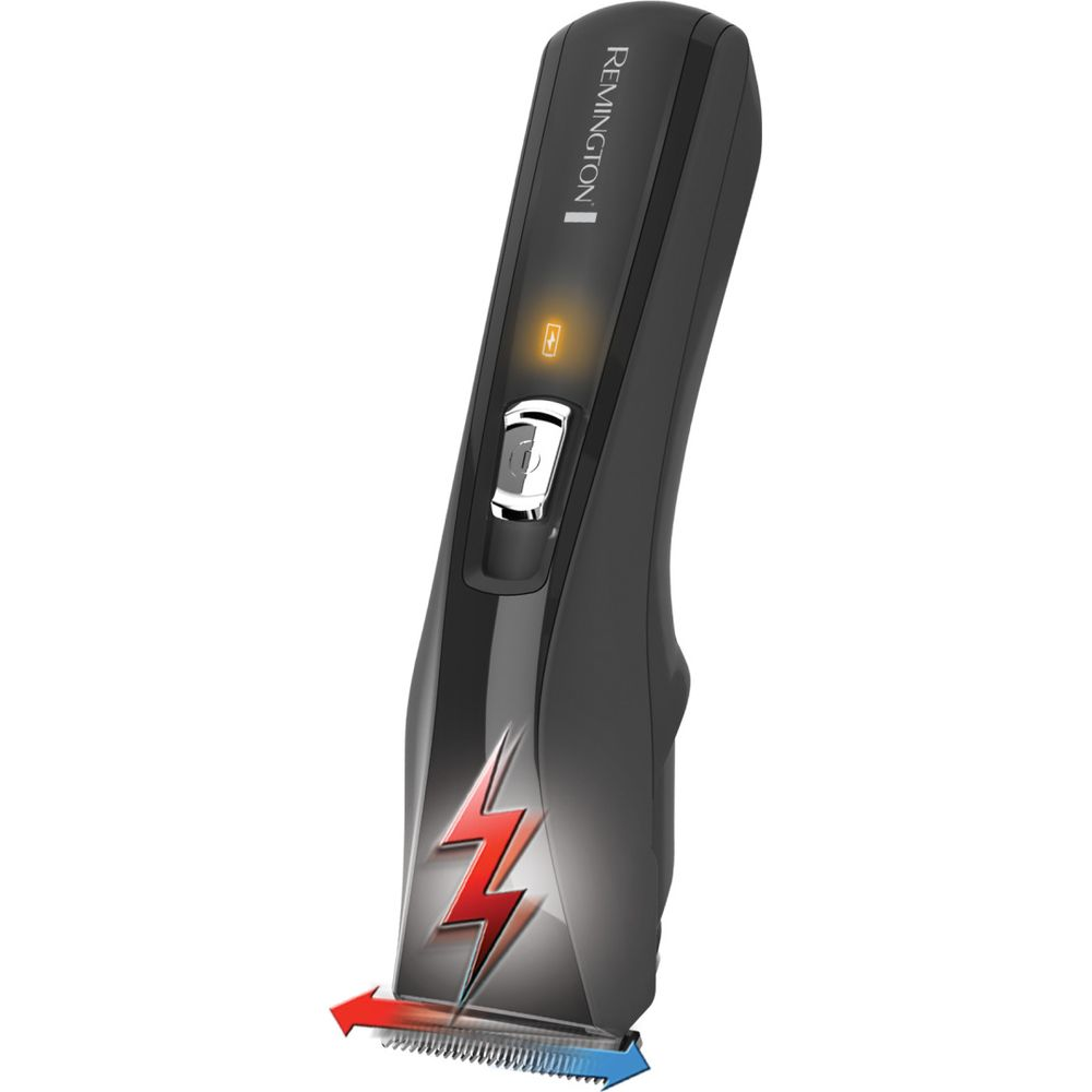 Un tagliacapelli Remington nero con simbolo di fulmine e indicatore di carica.