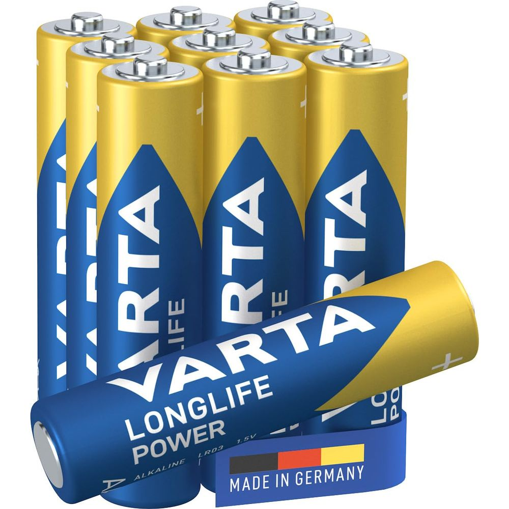 Baterie Varta Longlife Power AAA, żółte i niebieskie, z niemiecką flagą.