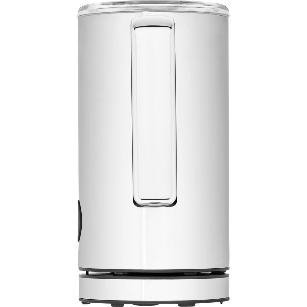 Srebrny czajnik z przezroczystą pokrywką i pionowym wskaźnikiem poziomu wody.