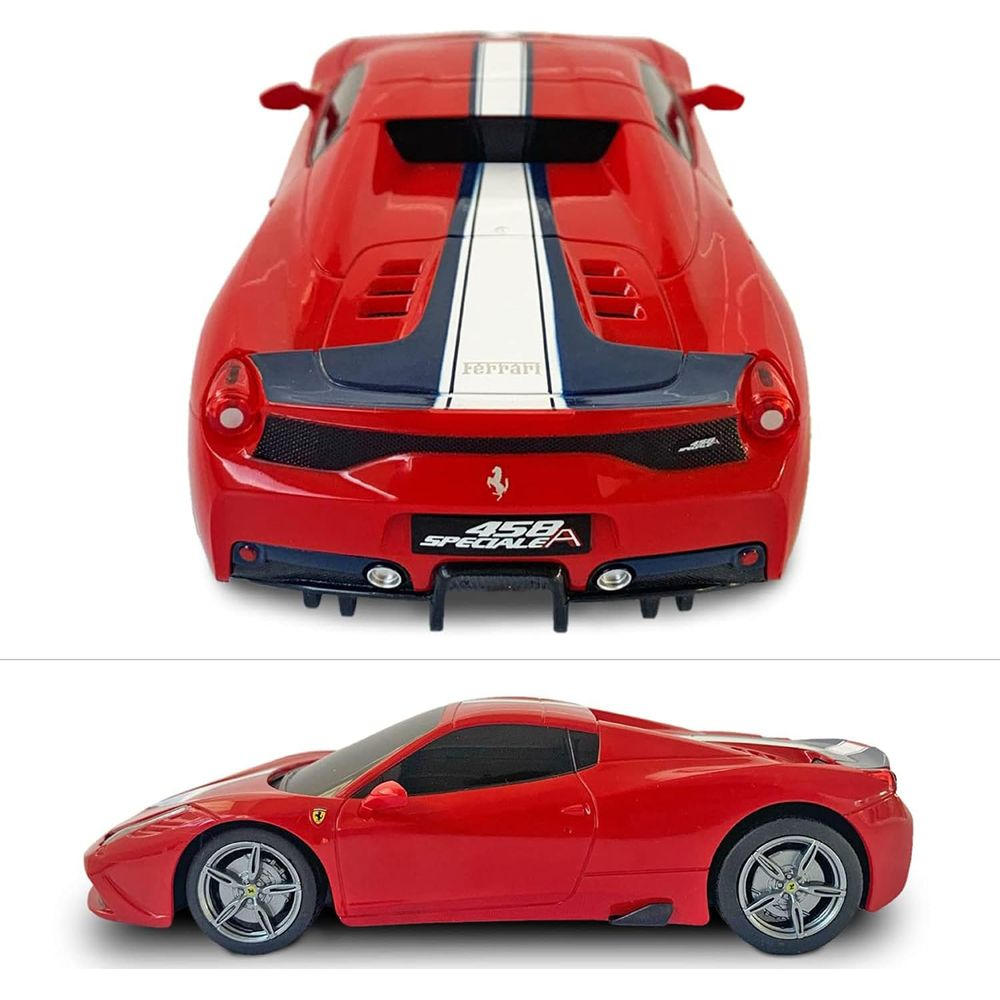 Czerwony model samochodu Ferrari 458 Speciale, widok z przodu i z boku.