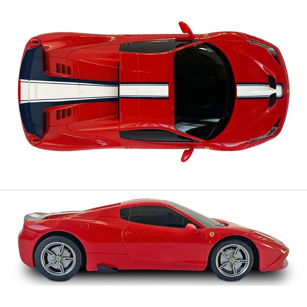 Czerwony samochód sportowy w biało-niebieskie pasy, pokazany z góry i z boku.