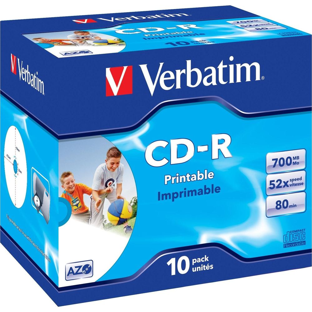 Opakowanie Verbatim CD-R z dwoma chłopcami bawiącymi się piłką. 700MB, 52x.