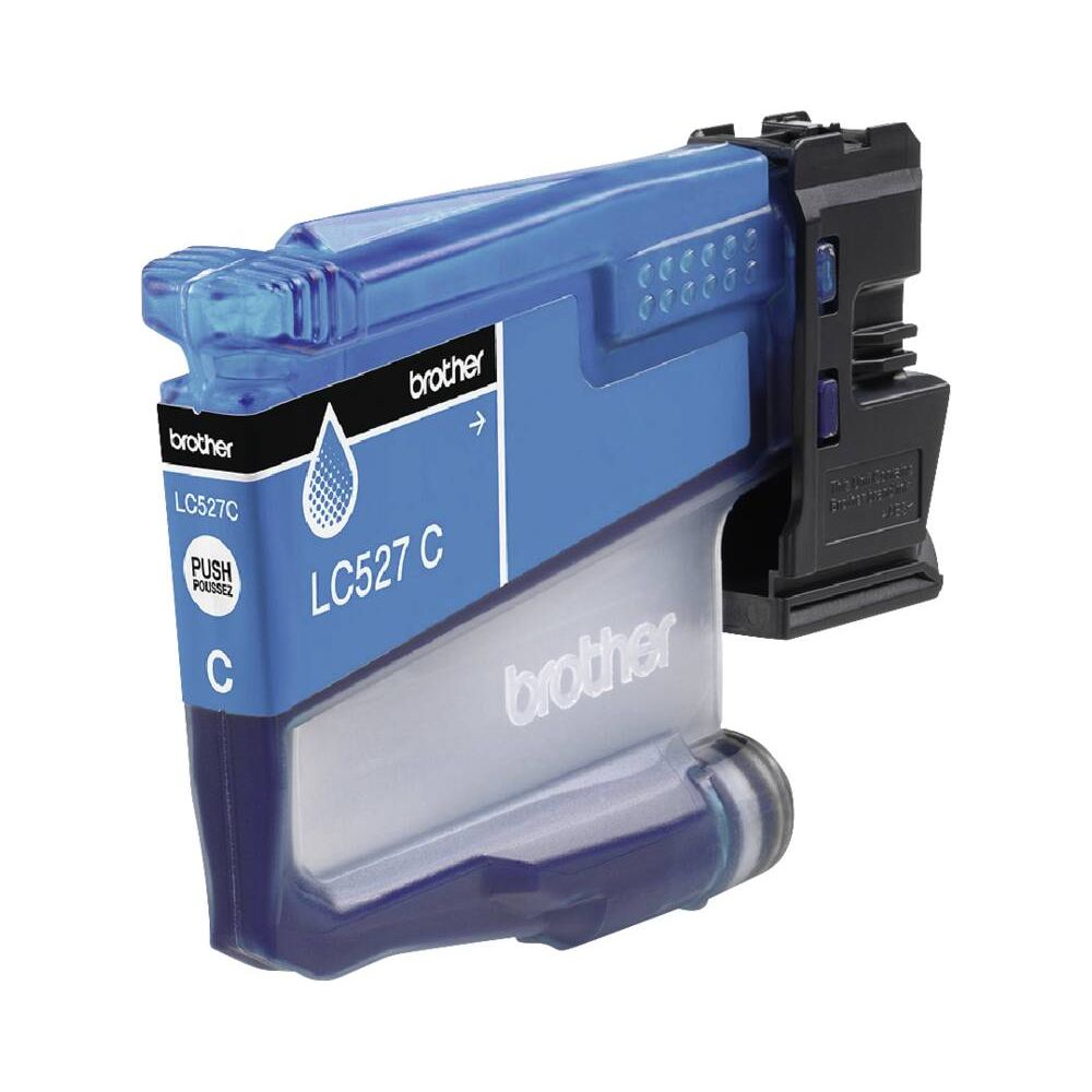 Een blauwe Brother LC527C inktcartridge met zwarte connector.