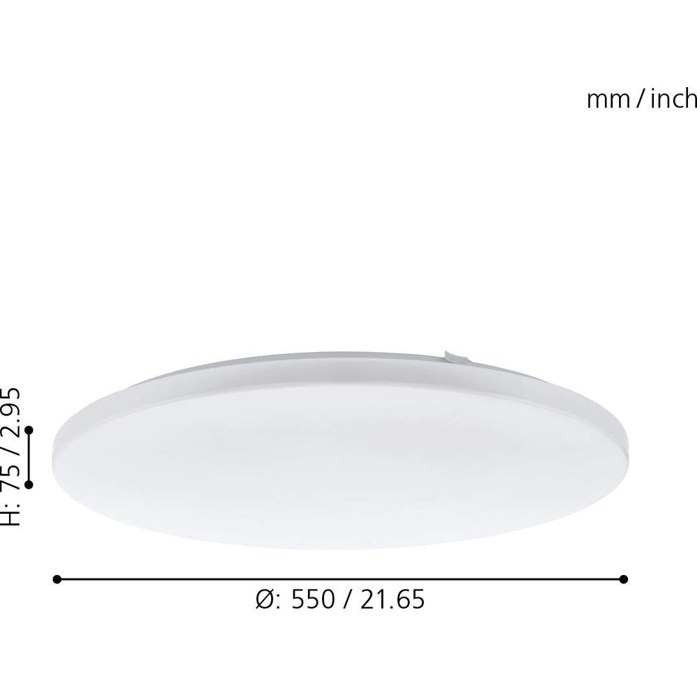 Plafonnier blanc avec dimensions H: 75/2,95 mm et D: 550/21,65 mm.