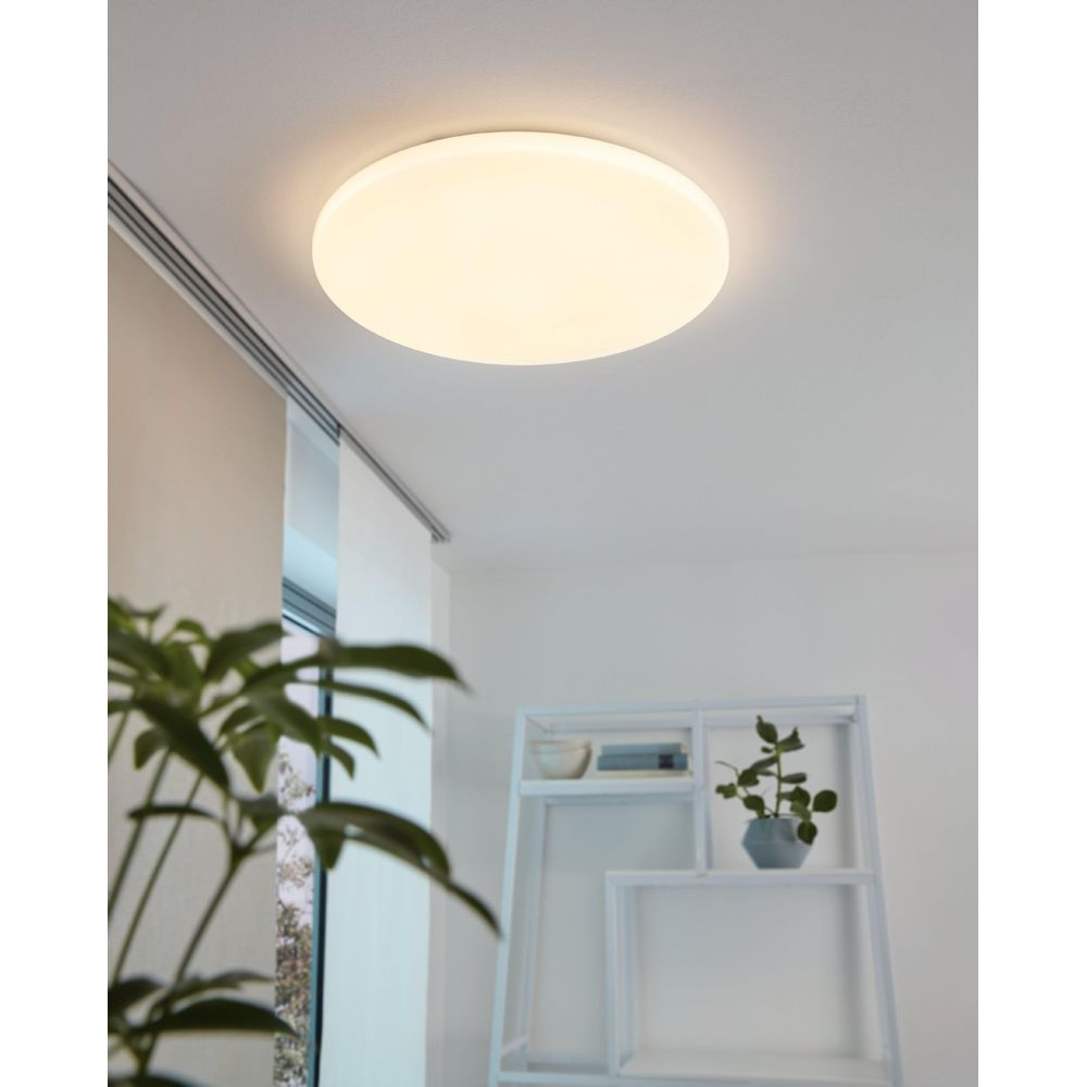 Un plafonnier rond éclaire une pièce avec une étagère et une plante.