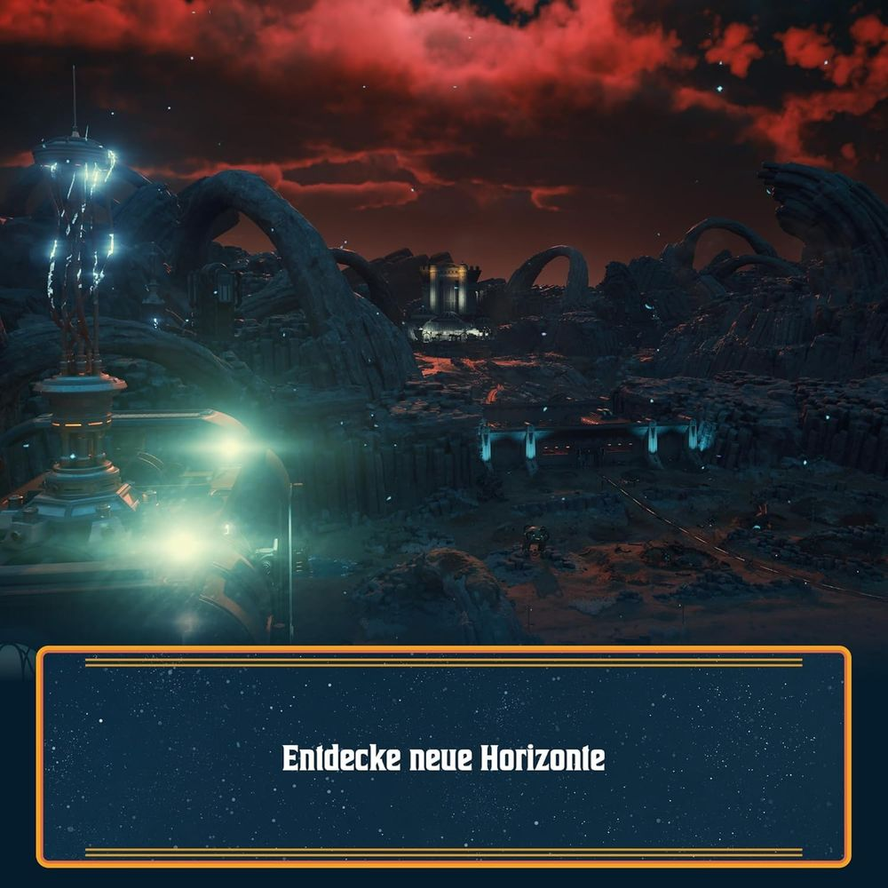 Krajobraz science-fiction z czerwonymi chmurami, futurystycznymi strukturami i polem tekstowym.