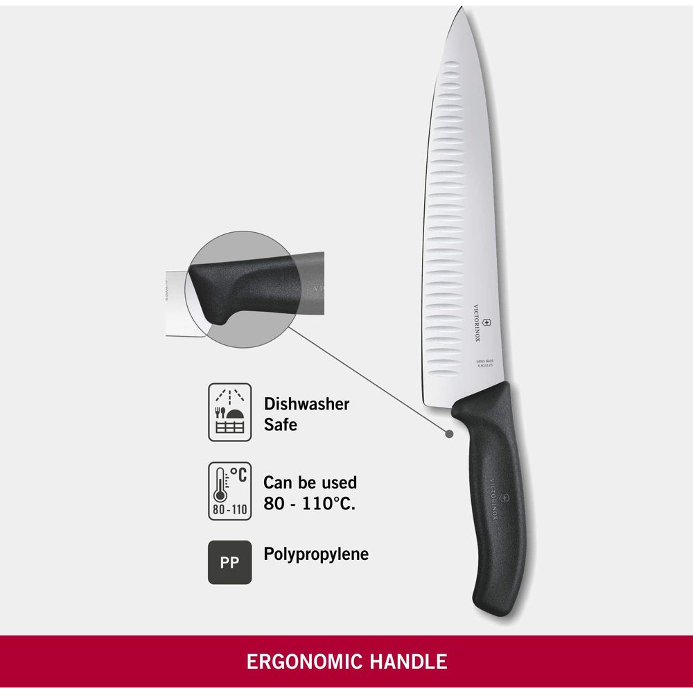 Ein Victorinox Kochmesser mit Wellenschliff, spülmaschinenfest, 80-110°C, PP-Griff.