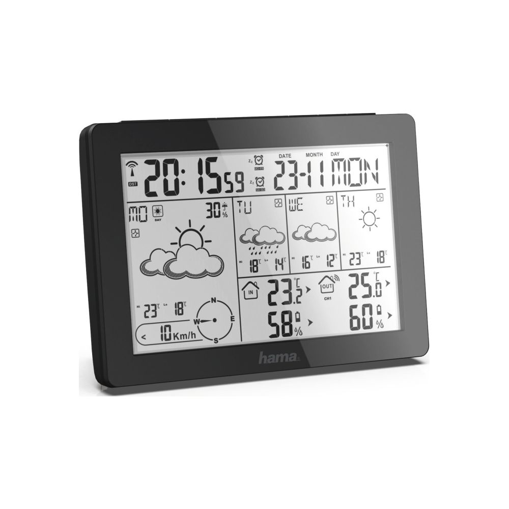 Cyfrowa stacja pogodowa pokazuje czas, datę, temperaturę, wilgotność, wiatr i prognozę.