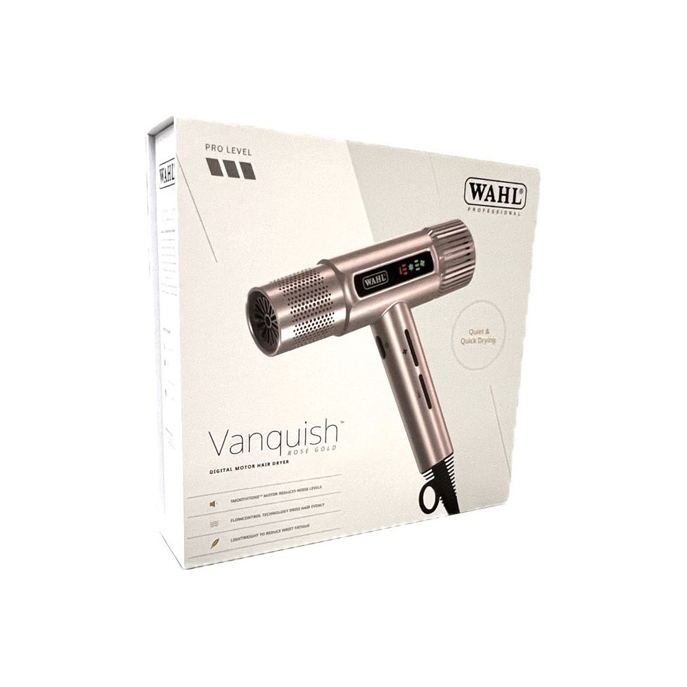 Różowozłota suszarka do włosów WAHL z silnikiem cyfrowym na opakowaniu.