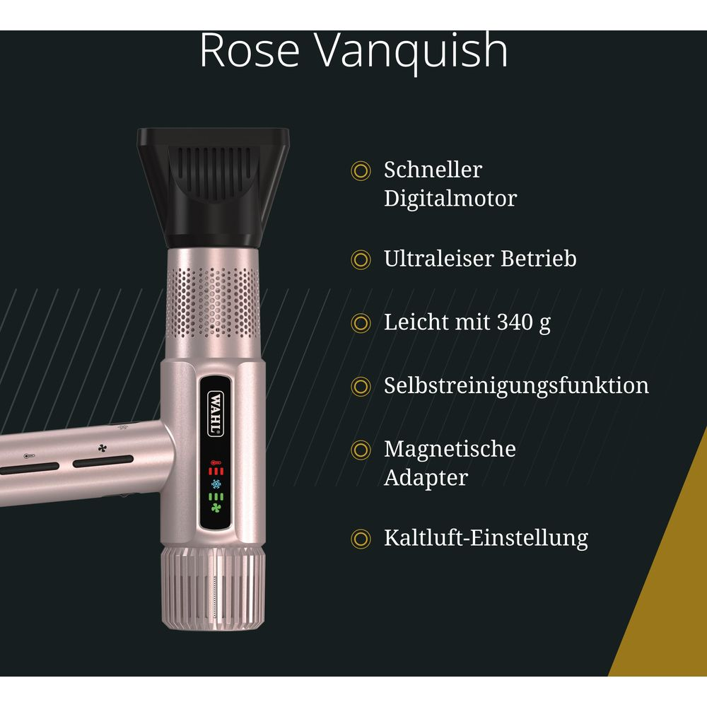 Suszarka do włosów Rose Vanquish z szybkim silnikiem cyfrowym i magnetycznym adapterem.