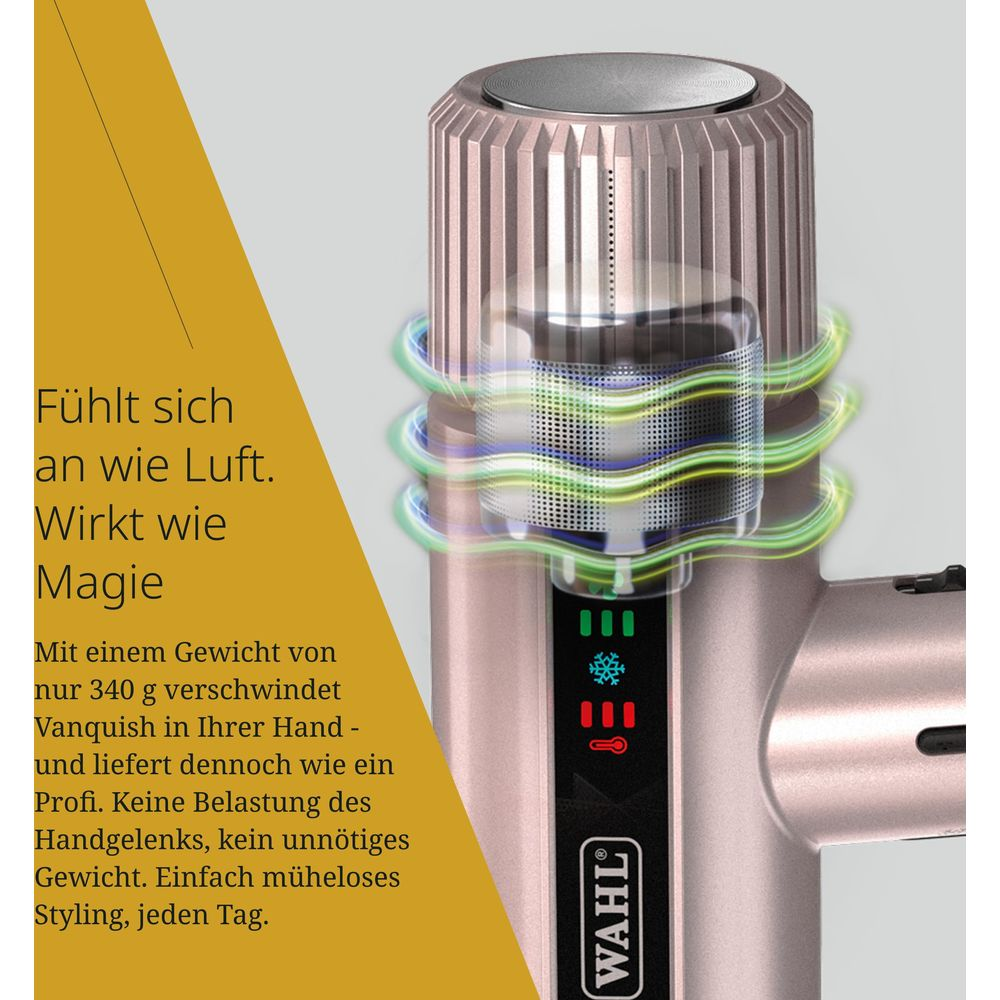 Różowo-złota suszarka do włosów z falistym wzorem i logo WAHL.