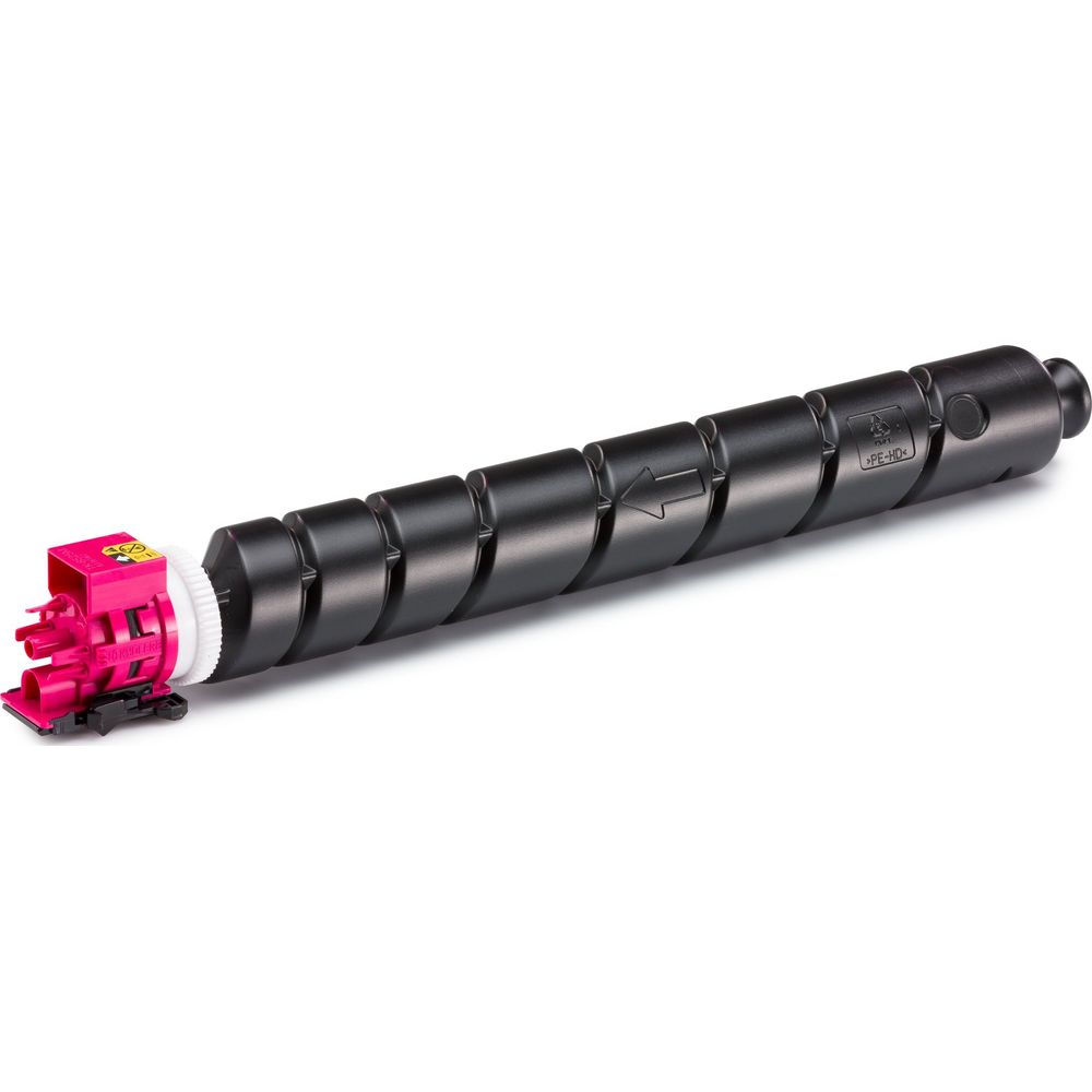 Cylindre de toner noir avec connecteur rose et symbole de flèche.