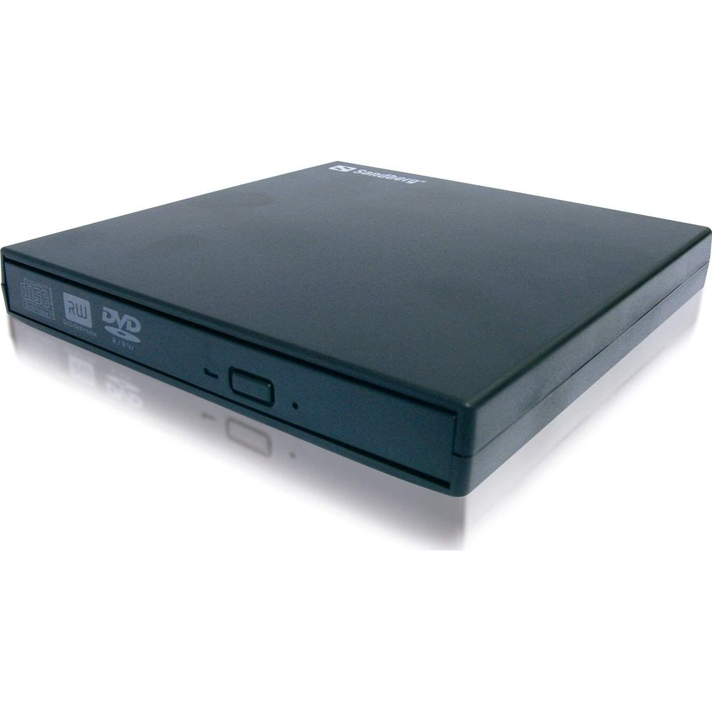 Unidad externa DVD-RW negra con logotipo de Sandberg sobre fondo blanco.