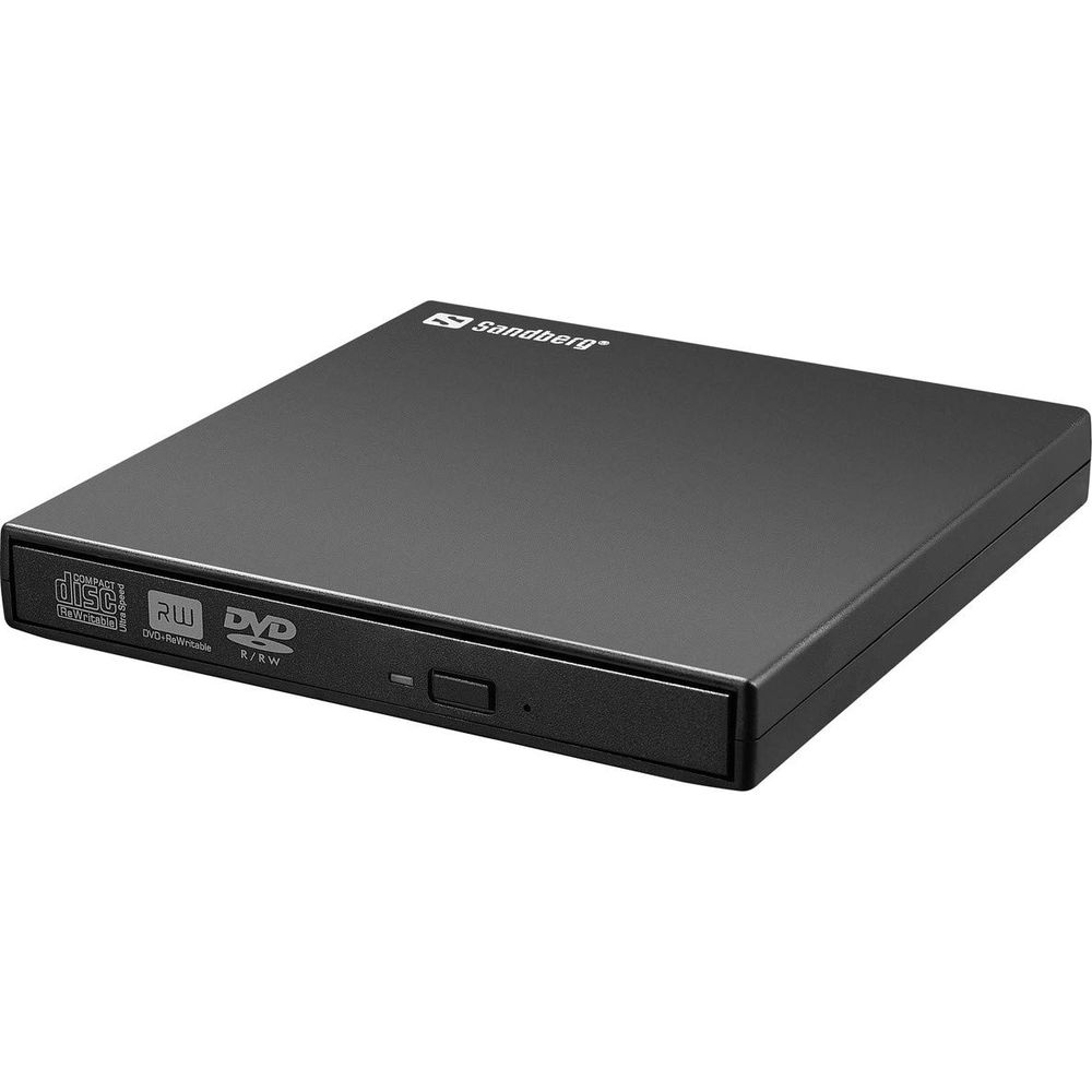 Grabadora DVD RW Sandberg negra con logo de disco y etiquetas.