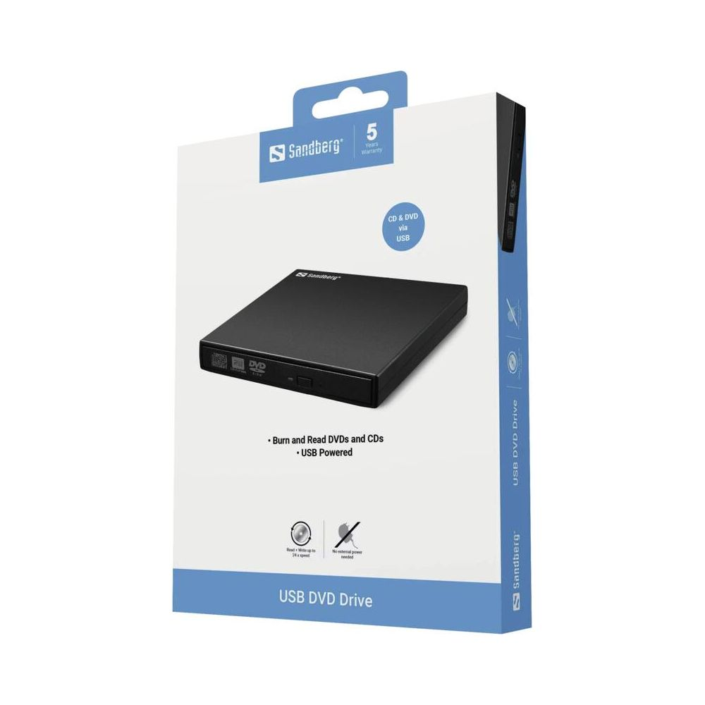 Unidad DVD USB negra Sandberg para CD y DVD vía USB. 5 años garantía.