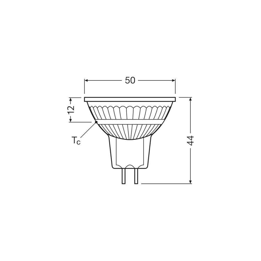 Disegno tecnico di una lampada GU10 con dimensioni 50mm e 44mm.