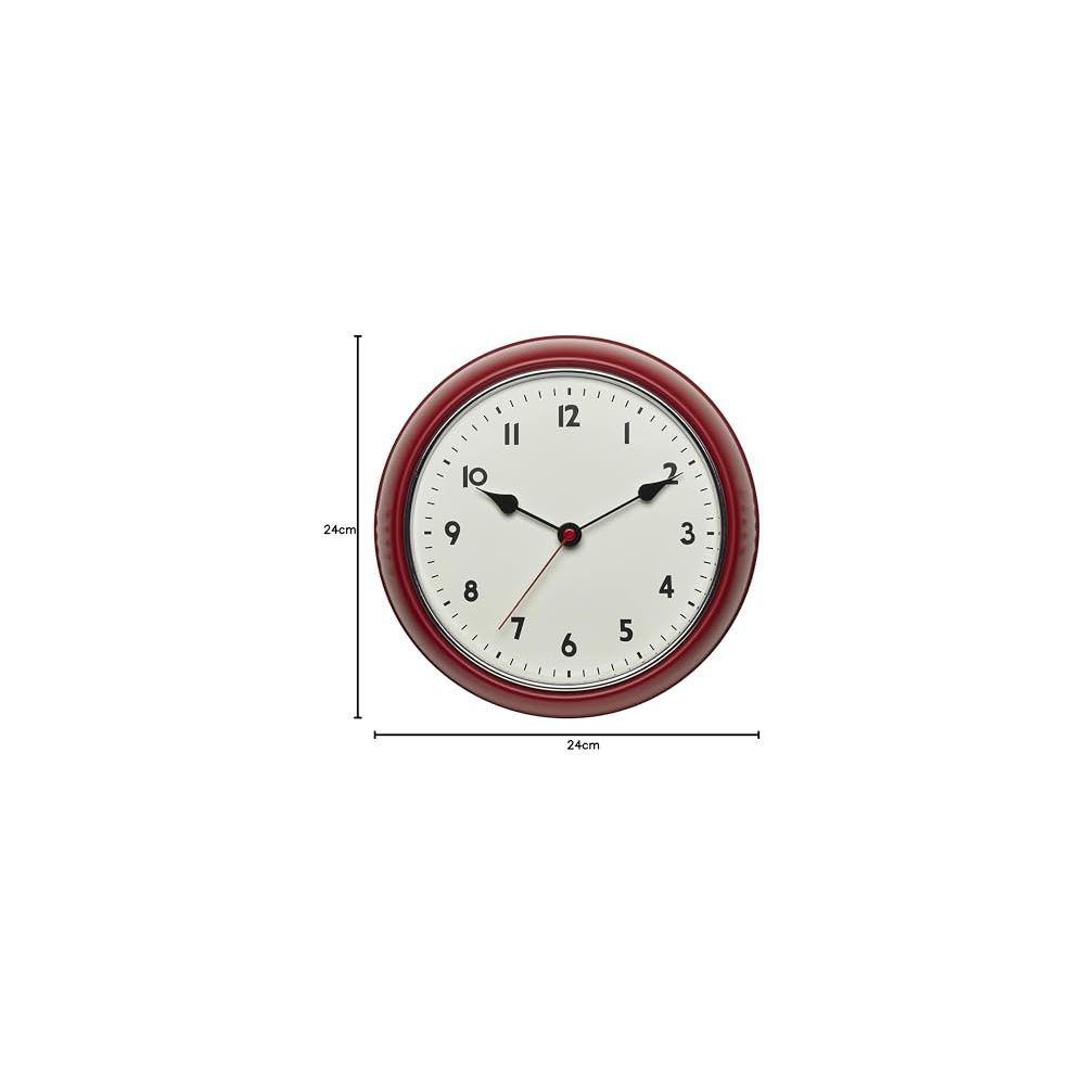 Eine runde rote Wanduhr mit weißen Ziffern und schwarzen Zeigern.