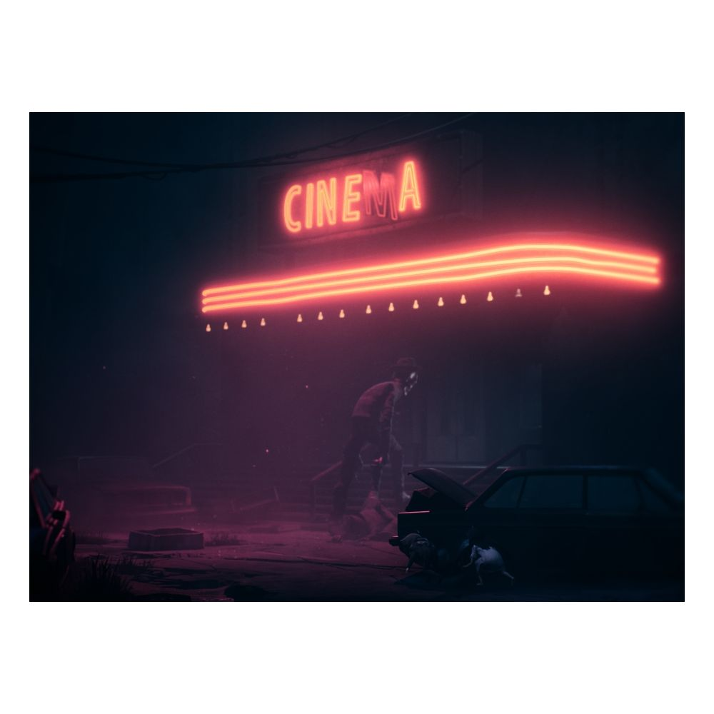 Un uomo si dirige verso la facciata di un cinema abbandonato con luci al neon. Un'auto con il cofano aperto è vicina.