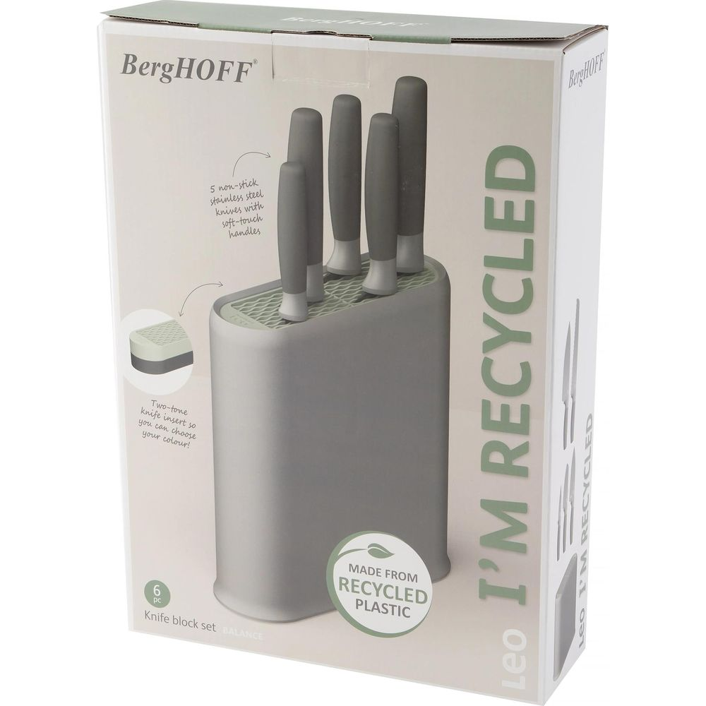 Gray knife block with five knives, made from recycled plastic.