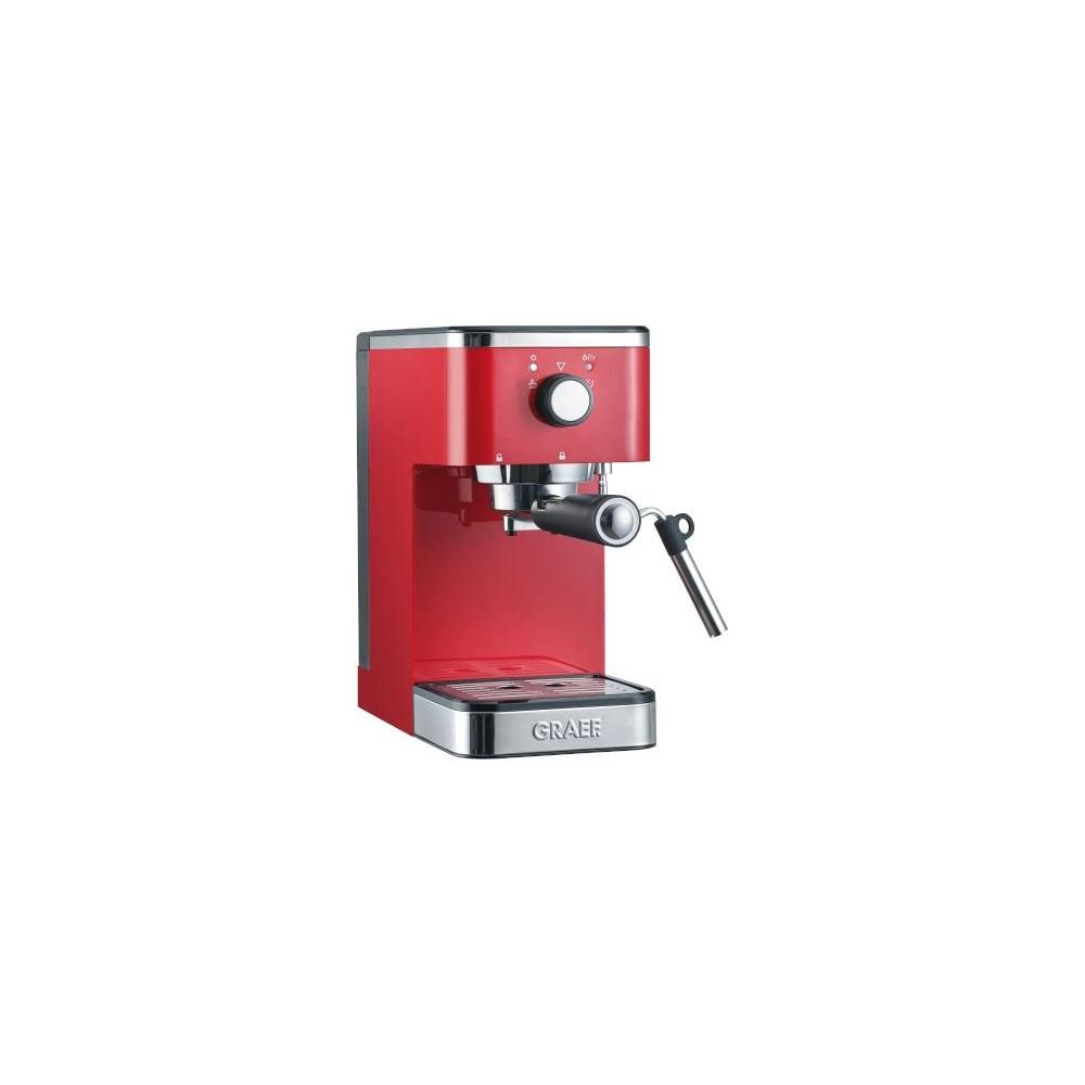 Czerwony ekspres do kawy z srebrną tacką ociekową i przyciskami sterującymi.
