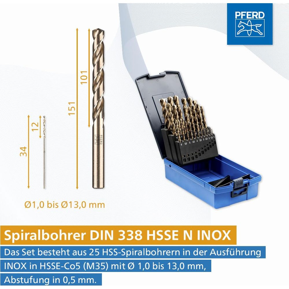 Ein Sortiment von 25 HSS-Spiralbohrern in einem blauen Koffer.
