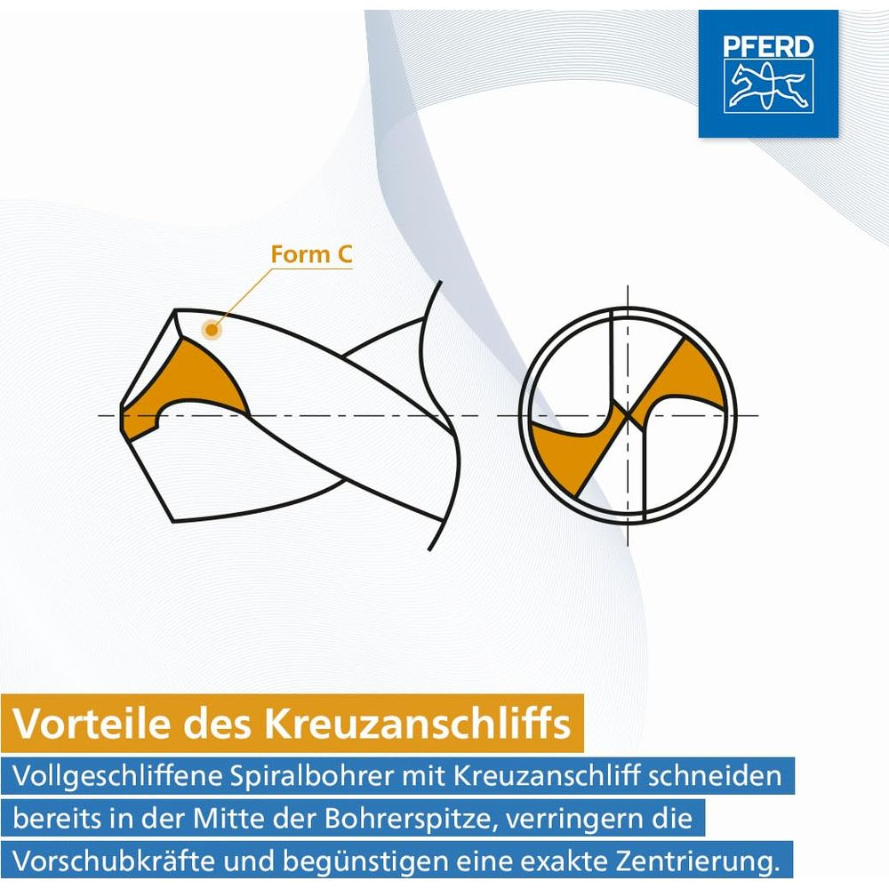 Diagramm eines Spiralbohrers mit Kreuzanschliff, Form C. Vorteile aufgeführt.