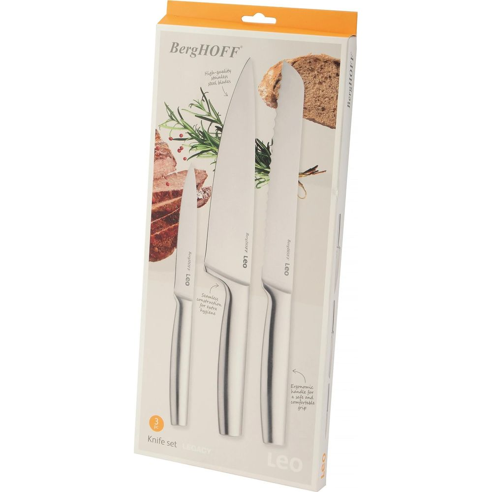 BergHOFF knife set packaging showing three stainless steel knives with ergonomic handles.