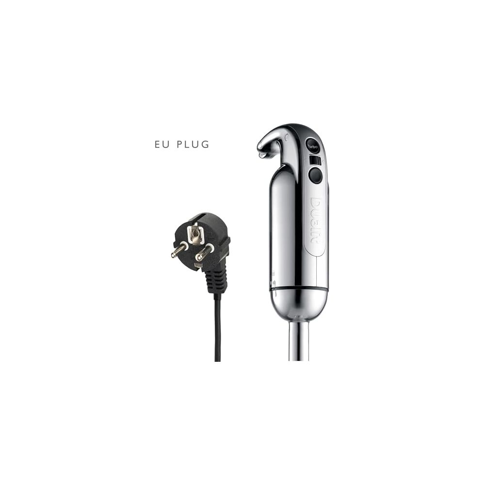 Ein silberner Stabmixer mit EU-Stecker auf weißem Hintergrund.