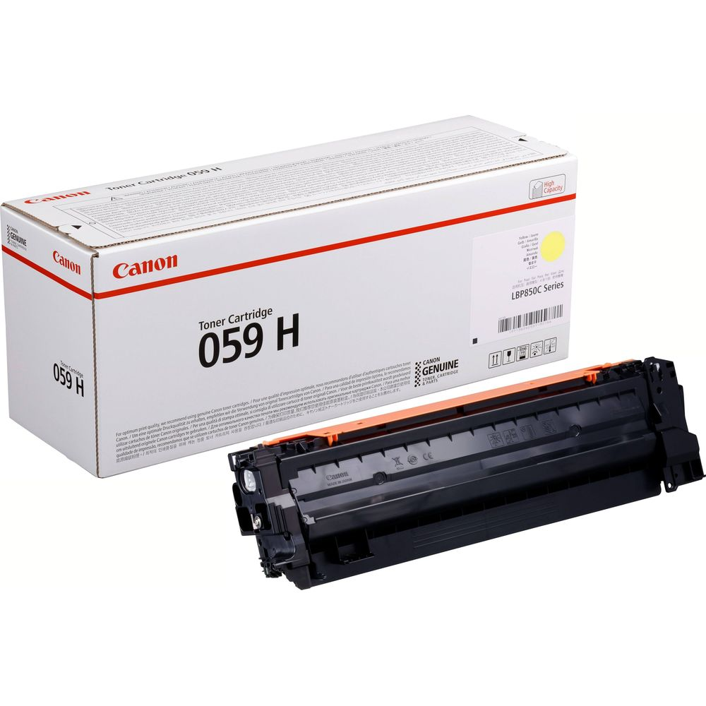 Toner Canon 059 H z pudełkiem. Czarny toner i białe pudełko.