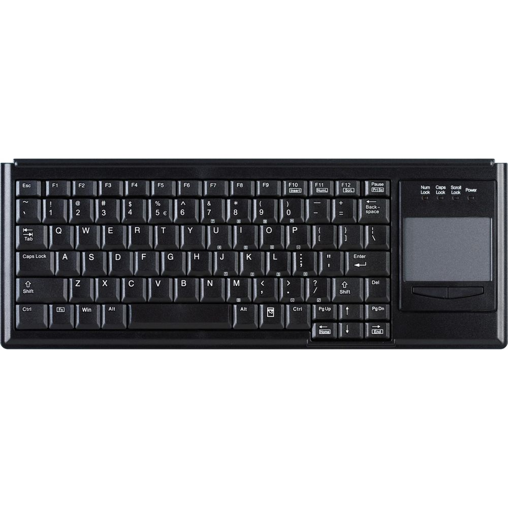 Tastiera nera con touchpad a destra. Layout QWERTZ, tasti funzione e tastierino numerico.