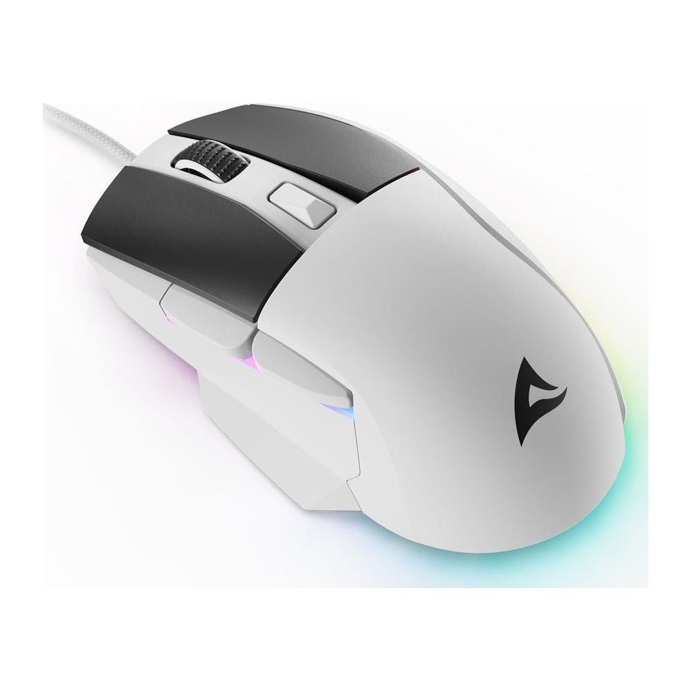 Biała mysz gamingowa z czarnymi akcentami i podświetleniem RGB.