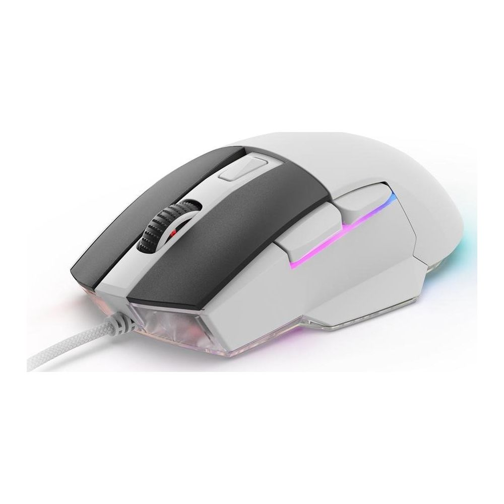Biała mysz gamingowa z podświetleniem RGB i czarnym kółkiem.