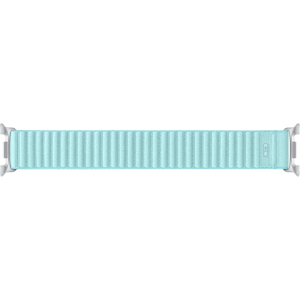Ein türkisfarbener Apple Watch Loop mit silbernen Anschlüssen. M/L-Größenangabe.