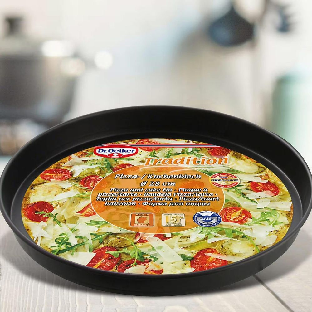 Dr. Oetker Pizza-/Kuchenblech 28 cm mit abgebildeter Pizza.