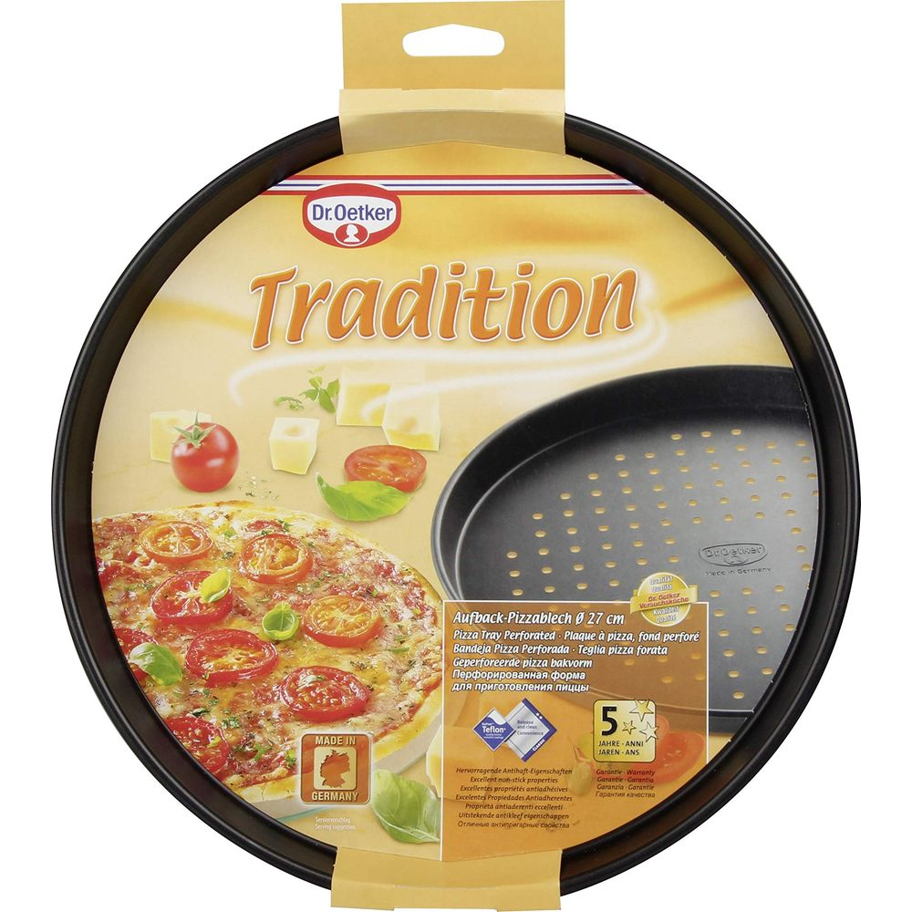 Dr. Oetker Tradition Pizzablech mit Pizza, Tomaten und Käse auf Verpackung.