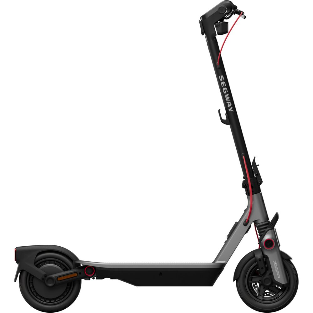Grauer Elektroroller mit schwarzen Rädern und roter Bremsleitung.