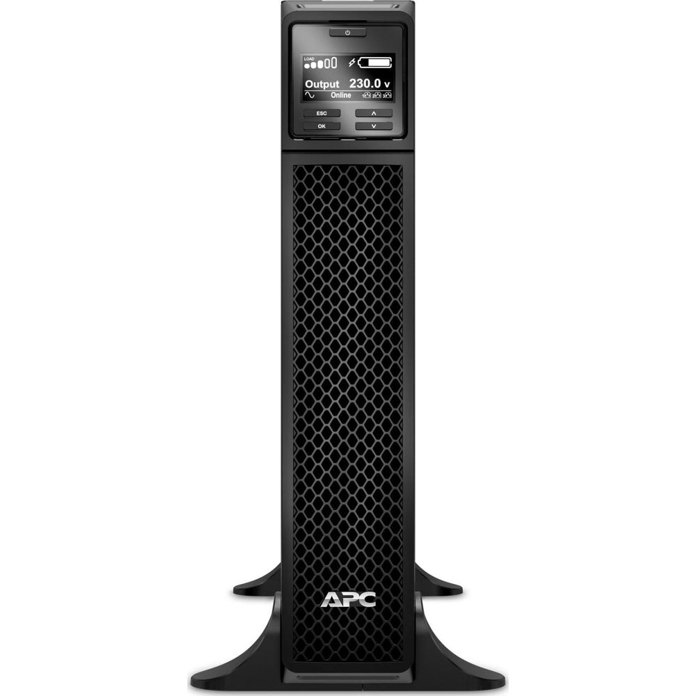 Torre SAI APC negra con panel ventilado y pantalla LCD.