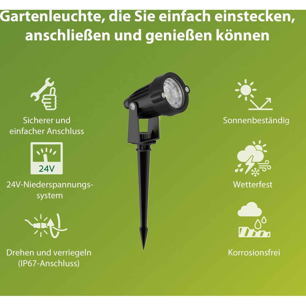 Luce da giardino con icone: connessione facile, 24V, resistente alle intemperie, senza corrosione.