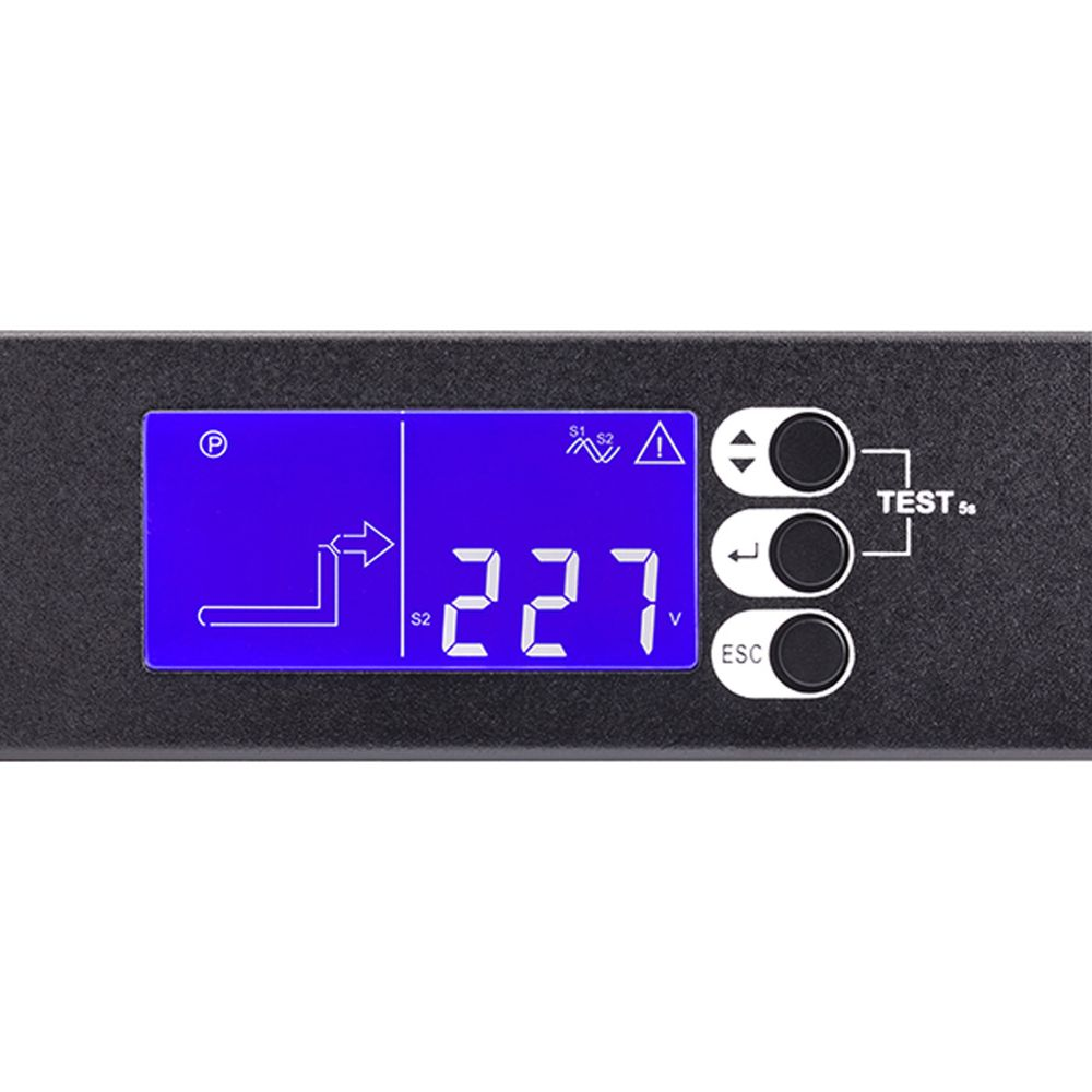 Wyświetlacz cyfrowy pokazuje 227V z ikonami i trzema przyciskami.