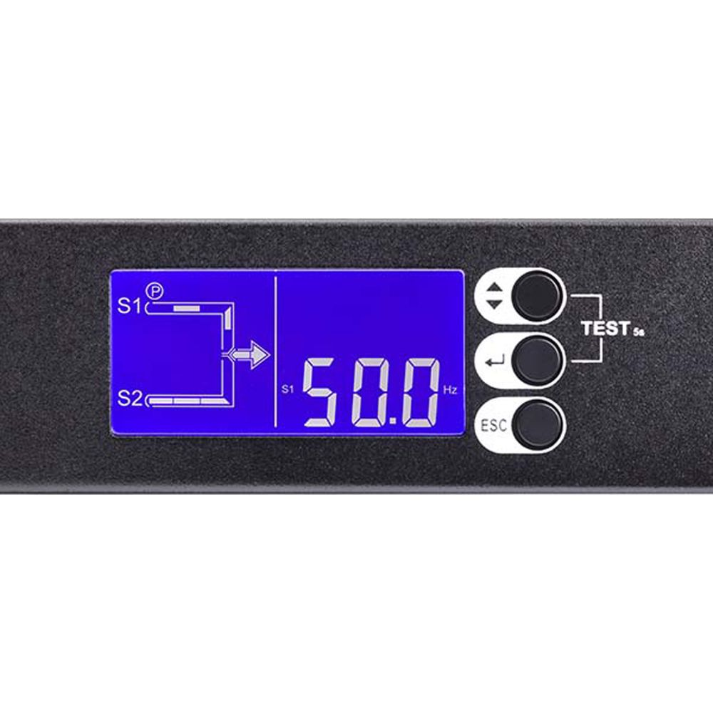 Czarne urządzenie z niebieskim wyświetlaczem pokazuje 50,0 Hz. Obok trzy przyciski.