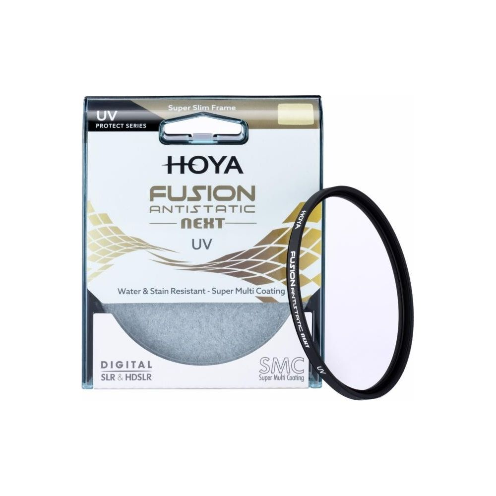 HOYA FUSION ANTISTATIC NEXT UV-Filter mit Verpackung und schlankem Rahmen.