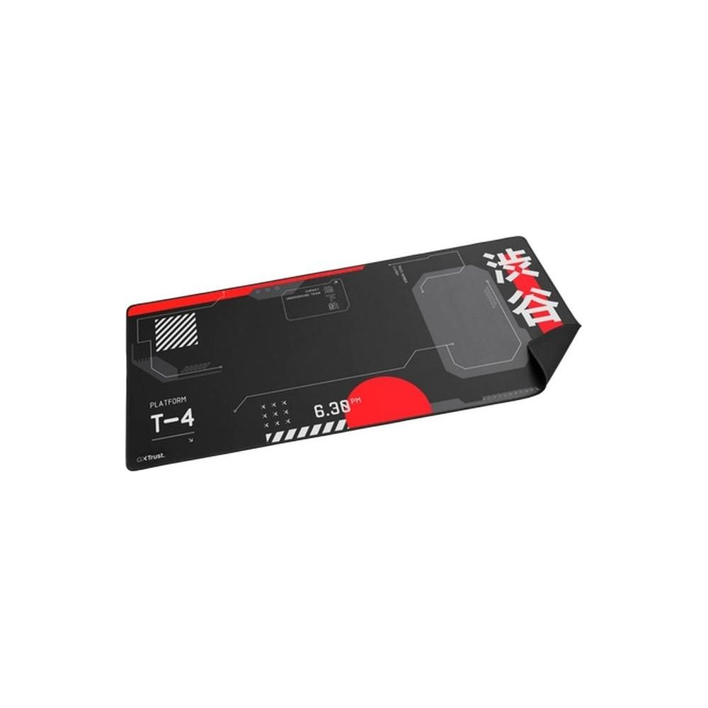 Tappetino per mouse nero con elementi di design rossi e bianchi, "PLATFORM T-4" e caratteri giapponesi.