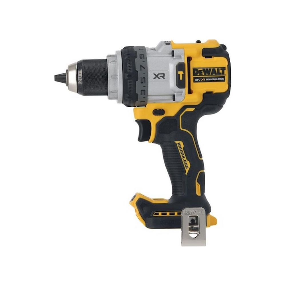 Gelber und schwarzer DeWalt Akkuschrauber mit Metallclip am Griff.